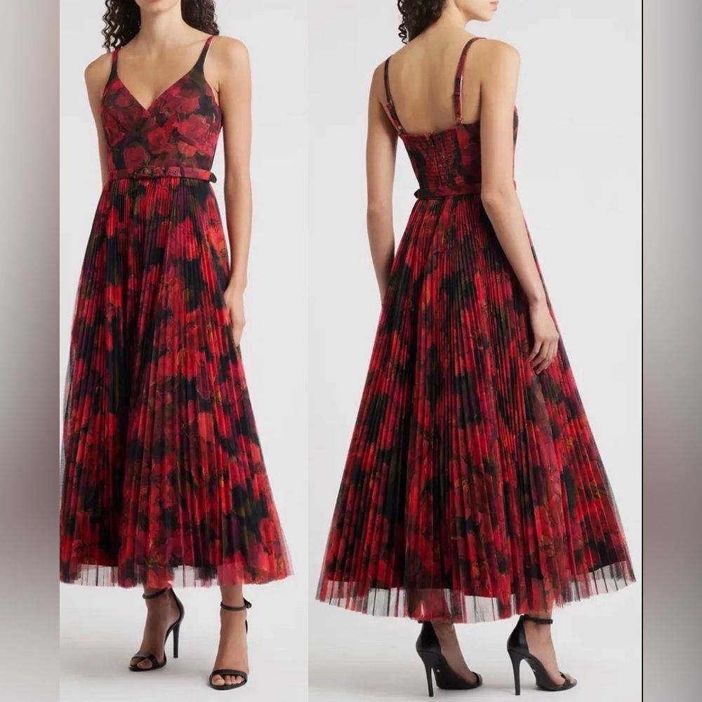 Hutch Red and Black Floral Pleated Midi Dress